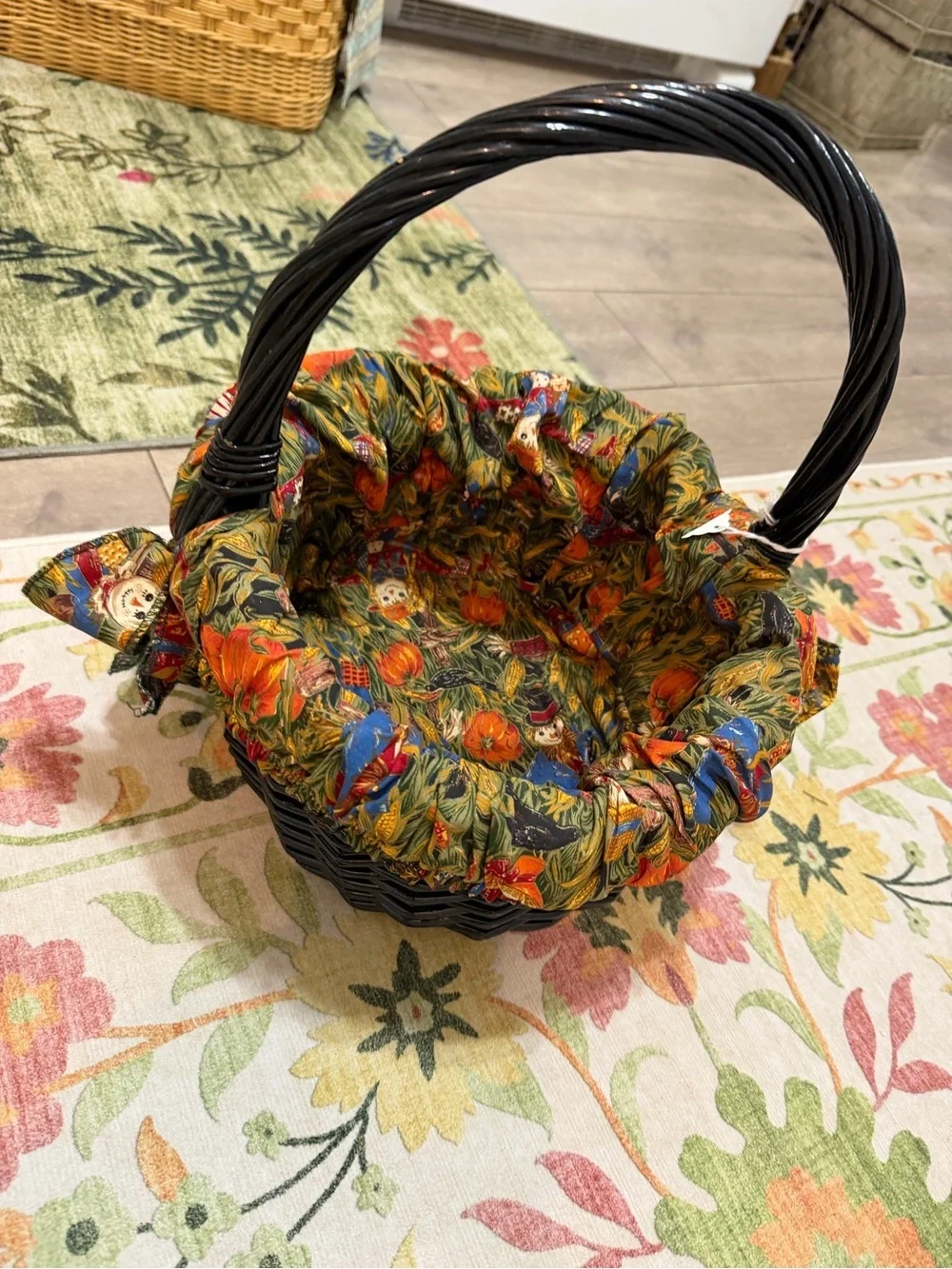 Vintage Autumn Fabric Lined Black Wicker Basket Colorful Autumn Primitives